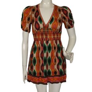 ALICE + OLIVIA Mini Dress, 0, Southwestern Print, Smocked Waist, Multicolor